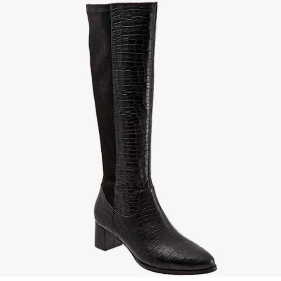 Trotters Kirby Black Croco Leather Stretch 17” Tall Boot 9 Narrow - Picture 1 of 15